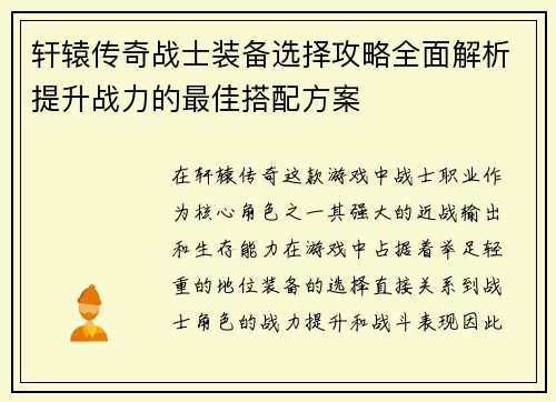 轩辕传奇战士装备选择攻略全面解析提升战力的最佳搭配方案
